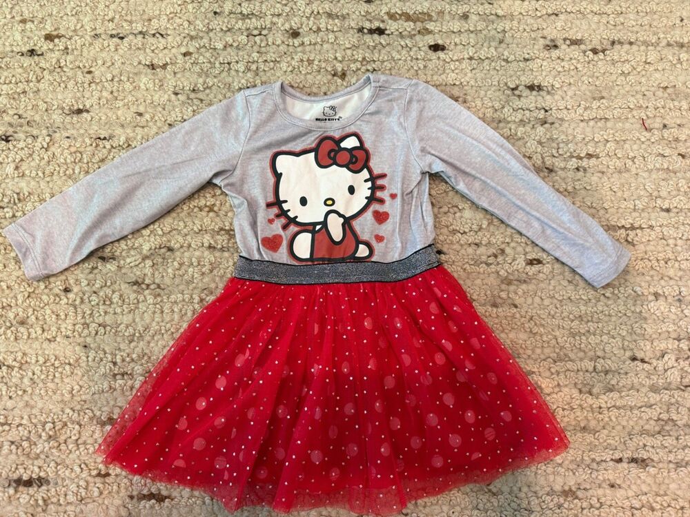 Hello Kitty Red Tulle Tutu Dress Girls Size 2T Gray Long Sleeve Holiday Party